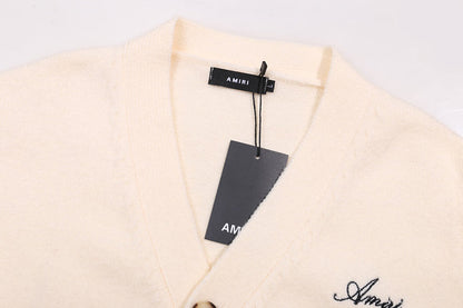 AMIRI Cotton V-Neck Bones Cardigan Sweater Apricot